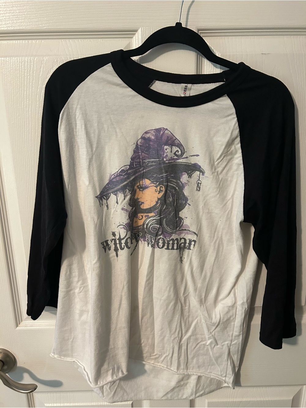 Jerzees Black and White Raglan Tee with Purple Witch Graphic
